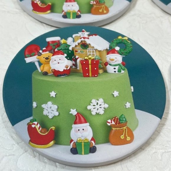 Six Holiday Themed Christmas Ceramic w/Cork Backing Coasters 4" - Picture 2 of 7